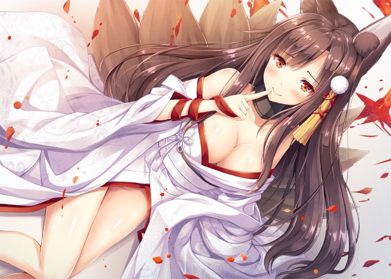 amber_eyes asian_clothing blush breasts choker cleavage clothed clothing east_asian_clothing female finger_to_mouth hair japanese_clothing jewelry kimono long_hair multi_tail necklace off_shoulder solo tail akasiosio azur_lane akagi_(azur_lane) animal_humanoid canid canid_humanoid canine canine_humanoid fox_humanoid humanoid mammal mammal_humanoid 2017