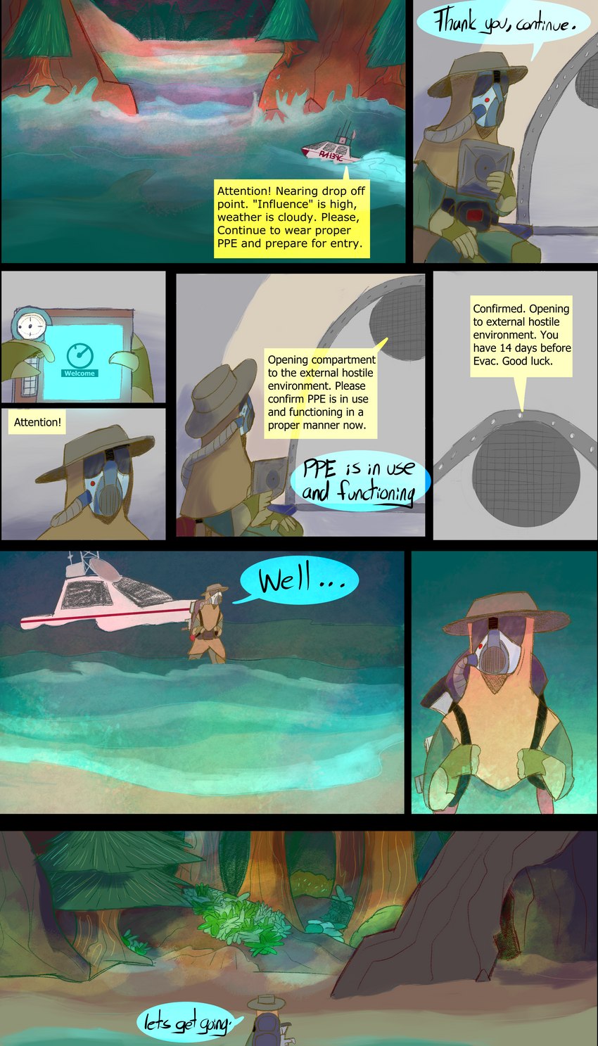 forest landing male plant protective_gear seaside solo text tree thepatchedragon dragonscape oli_(thepatchedragon) human mammal absurd_res comic english_text hi_res