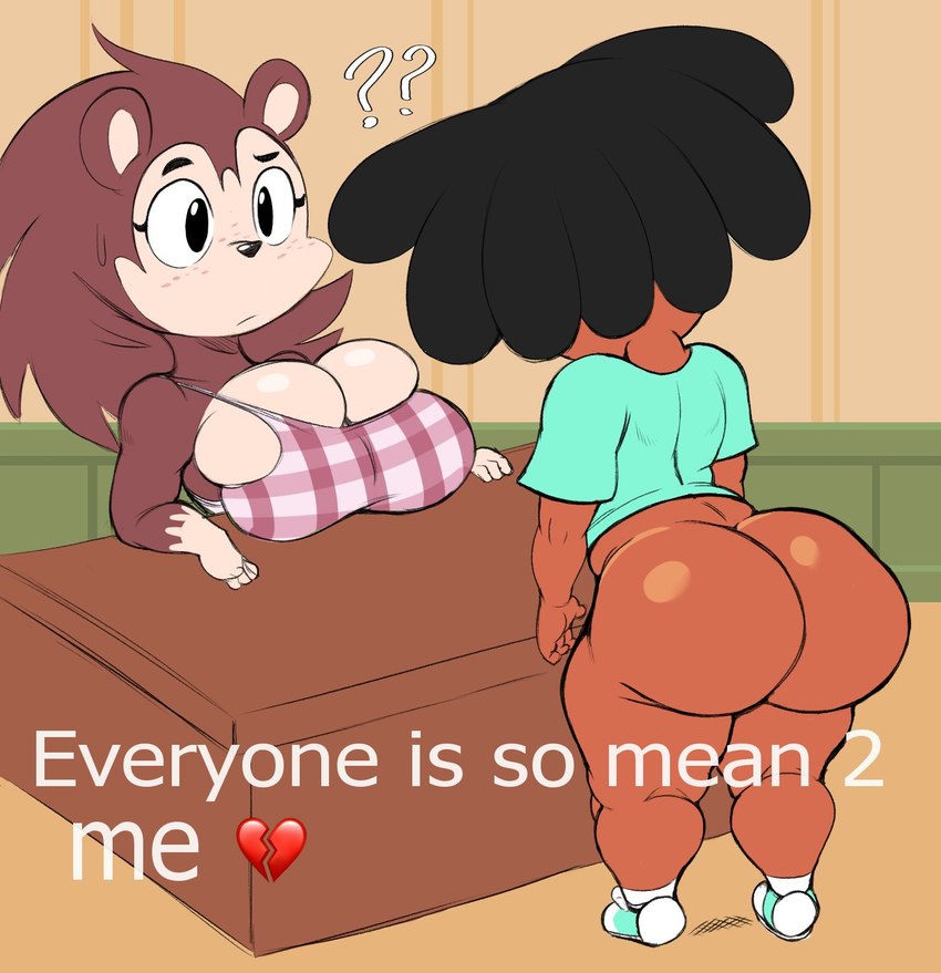 anthro apron apron_only big_breasts big_butt bottomless breasts brown_body butt clothed clothing dreadlocks female femboy male mostly_nude thick_thighs purple_yoshi_draws animal_crossing everyone_is_so_mean_to_me nintendo cushion_(purpsyoshi) sable_able villager_(animal_crossing) eulipotyphlan hedgehog human mammal hi_res meme