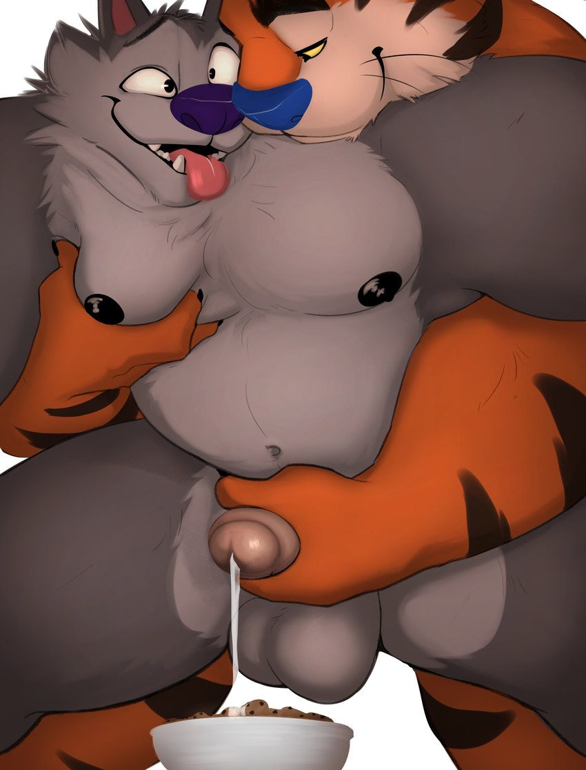 anthro areola balls belly big_balls big_penis biped blue_nose bodily_fluids brown_body brown_fur cereal cereal_bowl cum cum_drip cum_on_food dripping duo erection food foreskin fur genital_fluids genitals handjob looking_at_viewer male male/male mascot moob_grab moob_grope moob_squeeze moobs nipples nude orange_body orange_fur overweight overweight_anthro overweight_male penile penis purple_nose reach_around sex simple_background smile striped_body striped_fur stripes tongue tongue_out yellow_eyes mosin cookie_crisp frosted_flakes kellogg's chip_the_wolf tony_the_tiger canid canine canis felid mammal pantherine tiger wolf 2022 absurd_res digital_drawing_(artwork) digital_media_(artwork) hi_res