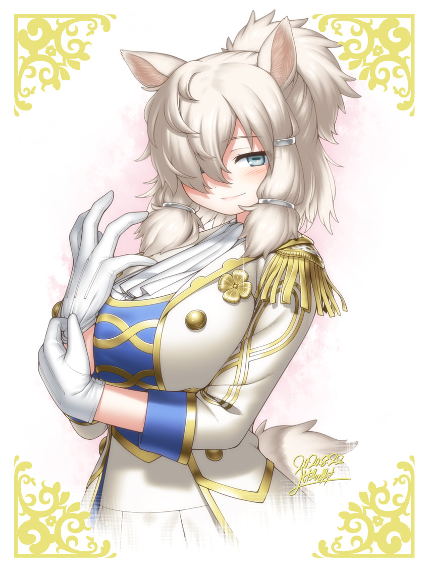 big_breasts blue_eyes blush breasts clothed clothing cream_hair female fluffy fluffy_hair gloves hair hair_over_eye handwear horizontal_pupils huge_breasts one_eye_obstructed ponytail pupils smile solo tomboy uniform yoshida_hideyuki kemono_friends suri_alpaca_(kemono_friends) alpaca_humanoid animal_humanoid camelid camelid_humanoid humanoid mammal mammal_humanoid 2020 3:4 hi_res signature watermark