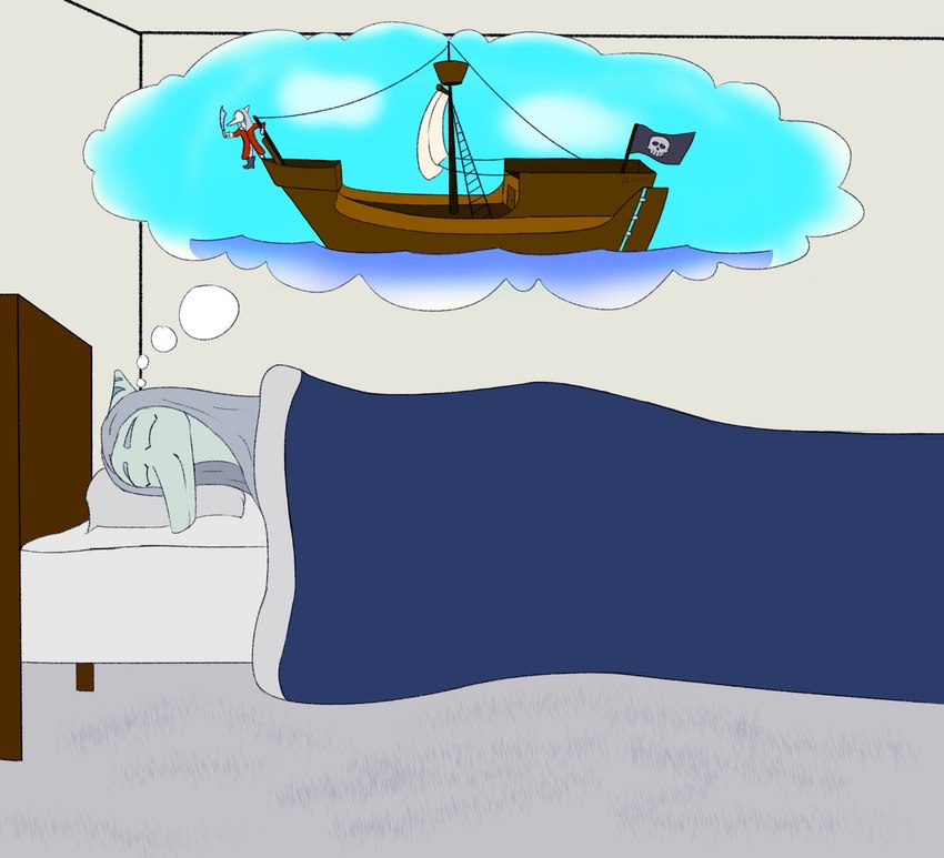 anthro bed bedroom detailed_background dream female furniture grey_body grey_hair grey_scales hair inside long_hair lying melee_weapon on_bed on_side pirate scales sea ship sleeping smile snout solo sword thought_bubble under_covers vehicle water watercraft weapon yellingbox goodbye_volcano_high fang_(gvh) prehistoric_species pterodactylus pterosaur reptile scalie 2023 absurd_res dated digital_drawing_(artwork) digital_media_(artwork) hi_res signature