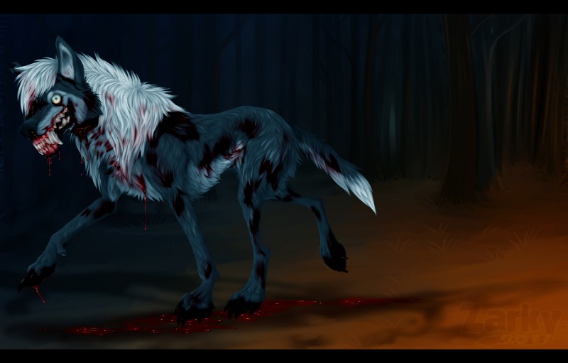 black_bars blood bodily_fluids bruised dream fangs fatal_injury feral glaring gore insane male night nightmare snarling solo teeth wounded zarkayrin nightdancer_(character) canid canine canis mammal wolf hi_res letterbox