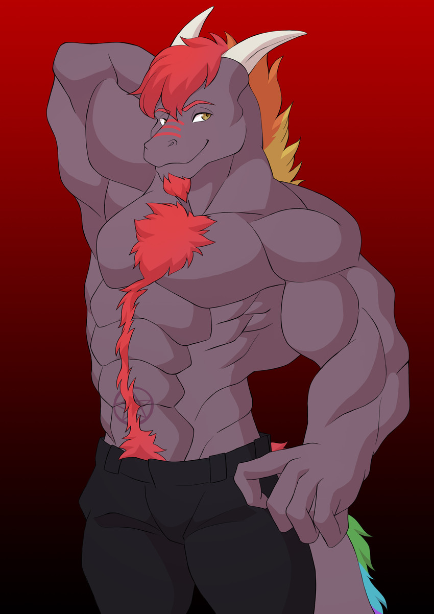 abs anthro biceps big_muscles bottomwear clothed clothing denim denim_bottomwear denim_clothing flexing hair jeans looking_at_viewer male model muscular muscular_anthro muscular_male pants pecs pose simple_background solo standing tail topless dragonjourney mythology loki_rel_zephyr demon dragon mythological_creature mythological_scalie scalie absurd_res digital_media_(artwork) hi_res