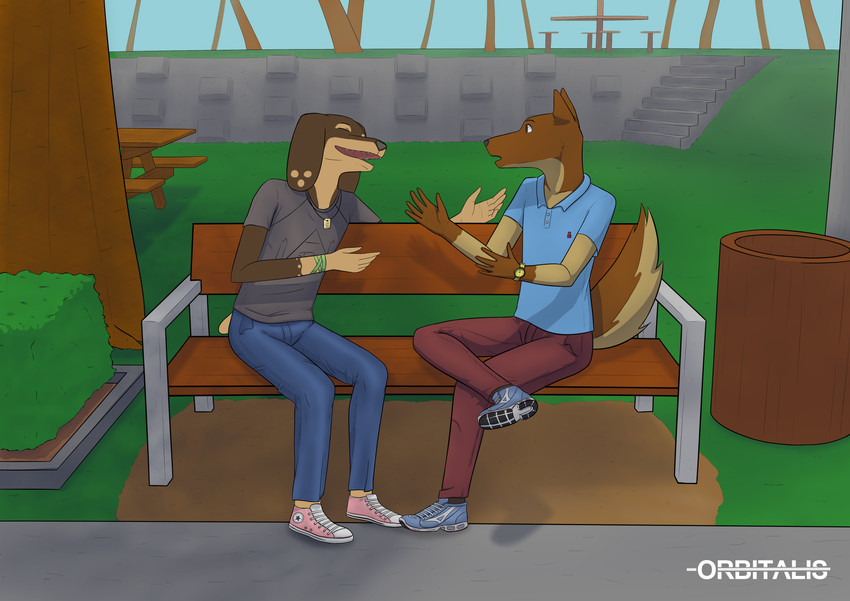 anthro bench bottomwear brown_body brown_fur clock clothing denim denim_bottomwear denim_clothing detailed_background duo footwear fur grass jeans jewelry male necklace outside pants park plant shoes smile sneakers trash_can tree watch orbitalis bird_dog canid canine canis cocker_spaniel domestic_dog german_shepherd herding_dog hunting_dog mammal pastoral_dog spaniel absurd_res hi_res