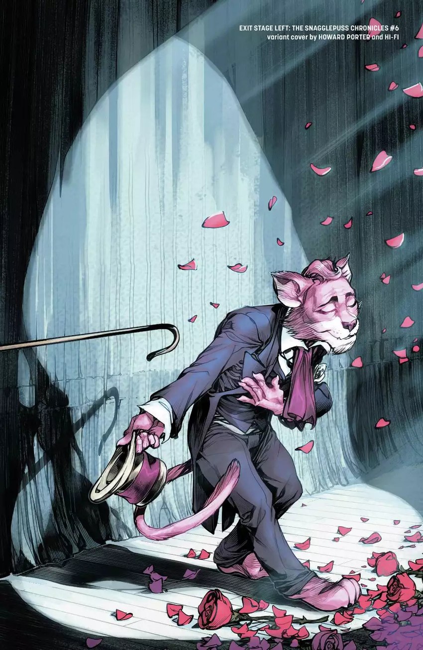 anthro bowing clothing eyes_closed flower fur hat headgear headwear male necktie on_stage pink_body pink_fur plant rose_(flower) shepherd's_crook smile solo spotlight stage stage_curtains suit text hi-fi_(artist) howard_porter dc_comics exit_stage_left:_the_snagglepuss_chronicles hanna-barbera snagglepuss felid mammal pantherine 2018 cover cover_art cover_page digital_media_(artwork) english_text hi_res official_art