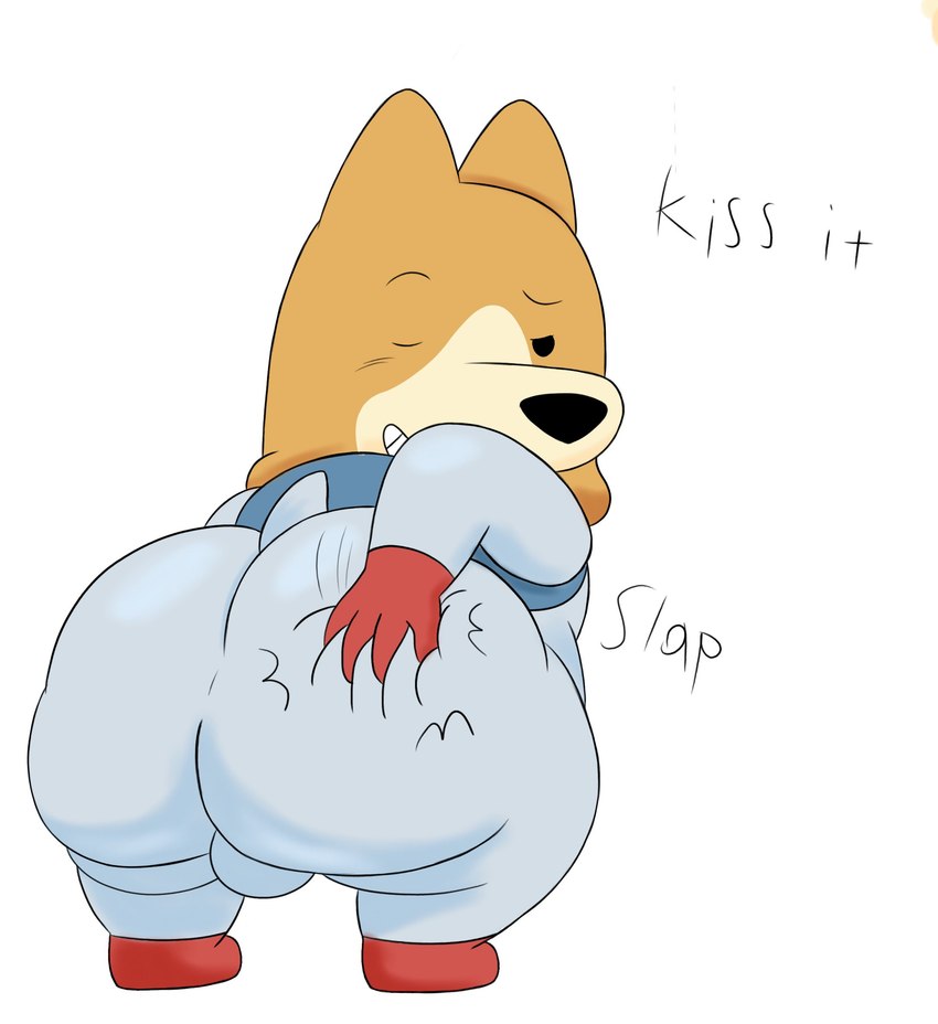 anthro balls_outline big_butt blush bulge butt butt_grab butt_slap deep_skin detailed_bulge genital_outline hand_on_butt kiss_my_ass male one_eye_closed slap slapping_own_butt slapping_self slightly_chubby slightly_chubby_male smile smirk solo text thick_thighs wink colossalstars dogs_in_space garbage_(dogs_in_space) canid canine canis domestic_dog herding_dog mammal pastoral_dog welsh_corgi hi_res