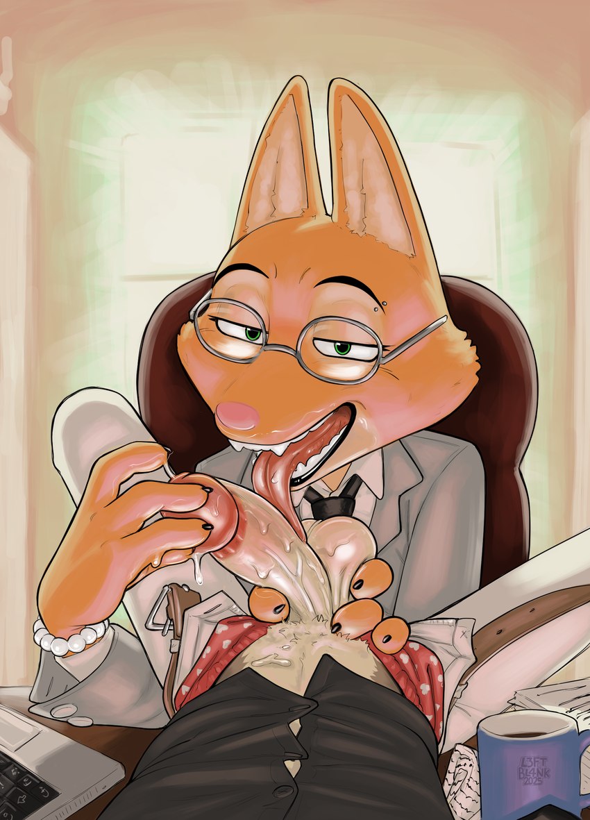 anthro ball_grab balls bodily_fluids canon_couple clothed clothed_female clothing desk dominant dominant_female duo eye_contact eyewear female fur furniture genital_fluids genitals glasses half-closed_eyes licking looking_at_another looking_at_viewer male male/female narrowed_eyes office on_desk oral orange_body partially_clothed penile penis penis_grab penis_lick piercing precum rubbing_penis saliva saliva_on_balls saliva_on_penis sex smile suit table teeth text tongue underwear unzipped unzipped_pants zipper l3ftbl4nk dreamworks the_bad_guys diane_foxington mr._wolf_(the_bad_guys) canid canine canis fox mammal wolf 2025 absurd_res artist_name digital_drawing_(artwork) digital_media_(artwork) hi_res shaded signature