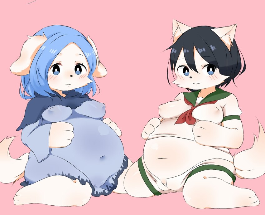 alternate_species anthro black_hair blue_clothing blue_eyes blue_hair clothing covered_navel covered_nipples duo female floppy_ears fur furrification hair hand_on_belly navel nipple_outline obese overweight paws pink_background sailor_uniform simple_background weight_gain white_body white_clothing white_fur chanpuru_(nicoseiga67544477) cookie_(touhou) touhou flour_(cookie) ichirin_kumoi milk_(cookie) minamitsu_murasa canid canine canis domestic_cat domestic_dog felid feline felis mammal 2018