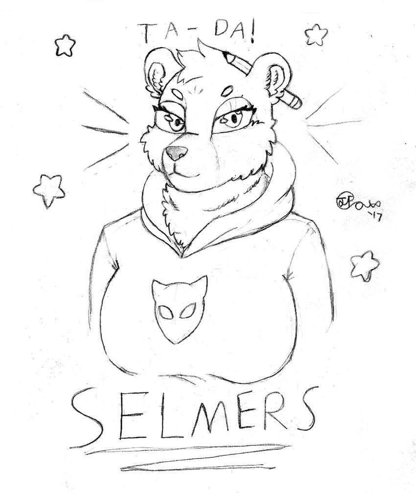 anthro big_breasts breasts clothed clothing female fur half-closed_eyes hoodie inner_ear_fluff looking_at_viewer mouth_closed narrowed_eyes pen_behind_ear pencil_(object) poet simple_background smile smiling_at_viewer solo star text topwear tuft jimfoxx night_in_the_woods selmers_ann_forrester bear mammal 2017 half-length_portrait hi_res monochrome portrait signature sketch