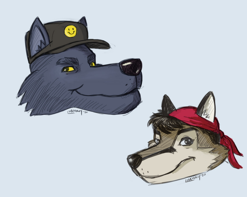 anthro clothing duo hat headgear headwear kerchief looking_at_viewer male simple_background smile smirk alexyorim lupine_assassin sam_(wolfjedisamuel) canid canine canis fox hybrid mammal wolf 5:4 digital_drawing_(artwork) digital_media_(artwork) hi_res