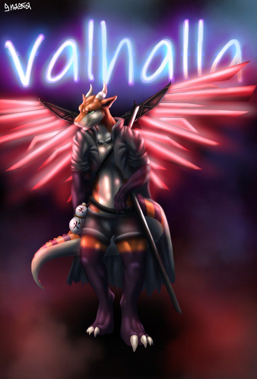 anthro clothing energetic katana light male mechanic melee_weapon neon serwolf shadow solo sword tail weapon wings shastadow mythology drakons dragon mythological_creature mythological_scalie scalie absurd_res hi_res