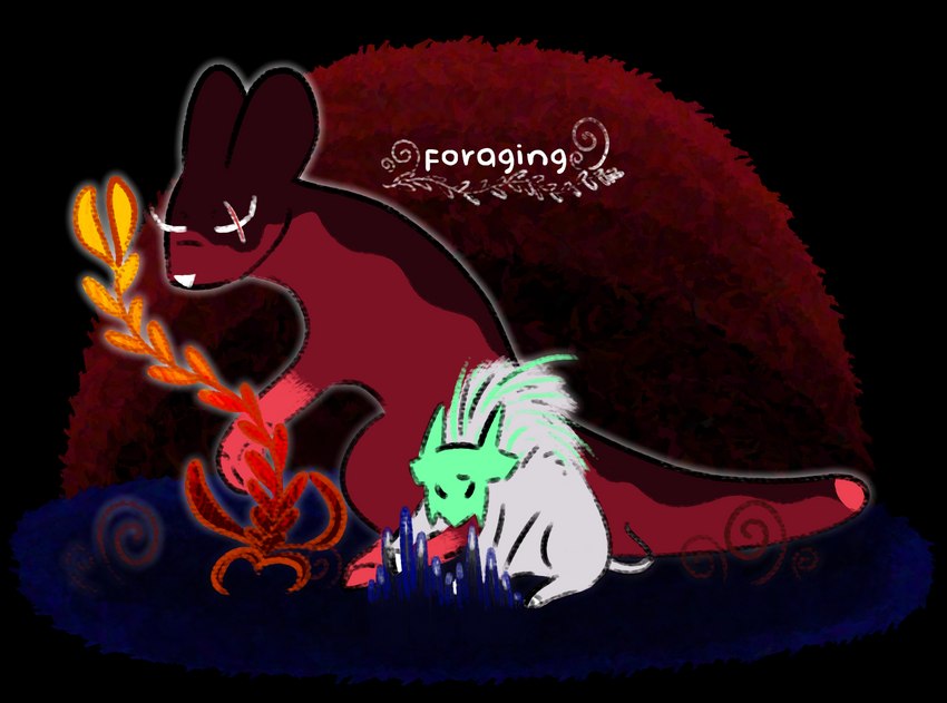 ambiguous_gender duo female feral frill_(anatomy) plant red_body scar simple_background sitting size_difference text vines white_body worried young kayw2324 rain_world videocult artificer_(rain_world) fan_character scavkit_(kayw2324) scavenger_(rain_world) slugcat alpha_channel english_text