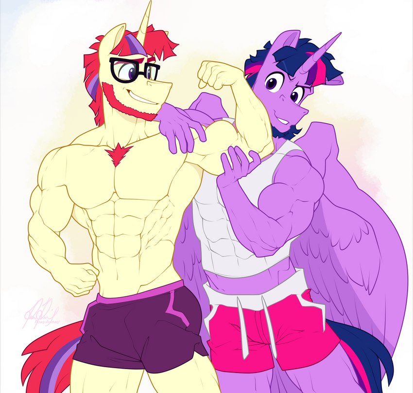 abs anthro anthrofied athletic athletic_anthro athletic_male beard biceps blue_beard blue_facial_hair blue_hair blue_tail body_hair bottomwear chest_hair clothing crossgender duo eyewear facial_hair feathered_wings feathers feeling_muscles fingers flexing flexing_bicep fluffy fluffy_tail ftm_crossgender fur glasses grope hair horn long_tail magenta_hair magenta_tail male male/male multicolored_hair multicolored_tail muscular muscular_anthro muscular_male pecs purple_body purple_eyes purple_fur purple_hair purple_tail red_beard red_facial_hair red_hair red_tail shirt short_hair shorts simple_background smile snout tail tan_body tan_fur tank_top topwear wings ponyanony friendship_is_magic hasbro my_little_pony mythology moondancer_(mlp) twilight_sparkle_(mlp) equid equine mammal mythological_creature mythological_equine unicorn winged_unicorn 2023 absurd_res artist_name digital_drawing_(artwork) digital_media_(artwork) hi_res signature