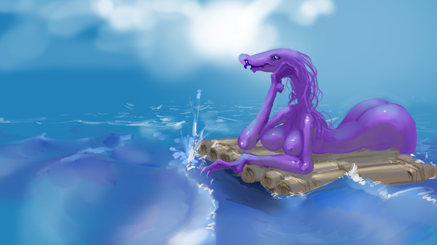 big_breasts big_butt breasts butt claws detailed_background female hair nipples nude outside purple_body purple_hair raft sea sky solo water meandraco alien animal_humanoid humanoid marine marine_humanoid monster 16:9 hi_res widescreen