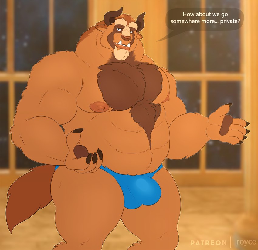 anthro barazoku big_nipples big_pecs blue_clothing blue_thong blue_underwear body_hair brown_body brown_fur bulge chest_hair claws clothing fluffy fur horn huge_pecs male musclegut muscular night nipples pawpads pecs sky solo speech_bubble star text thong tusks underwear window rine beauty_and_the_beast disney beast_(disney) mammal monster colored english_text hi_res