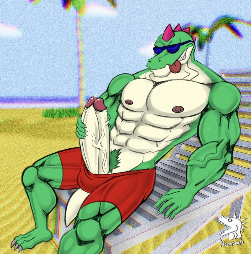 anthro beach big_penis bodily_fluids eyewear genital_fluids genitals humanoid_genitalia humanoid_penis male muscular muscular_anthro nipples penis precum pubes_exposed sea solo sunglasses water nazuranoke brawl_stars supercell_(company) buzz_(brawl_stars) reptile scalie hi_res watermark