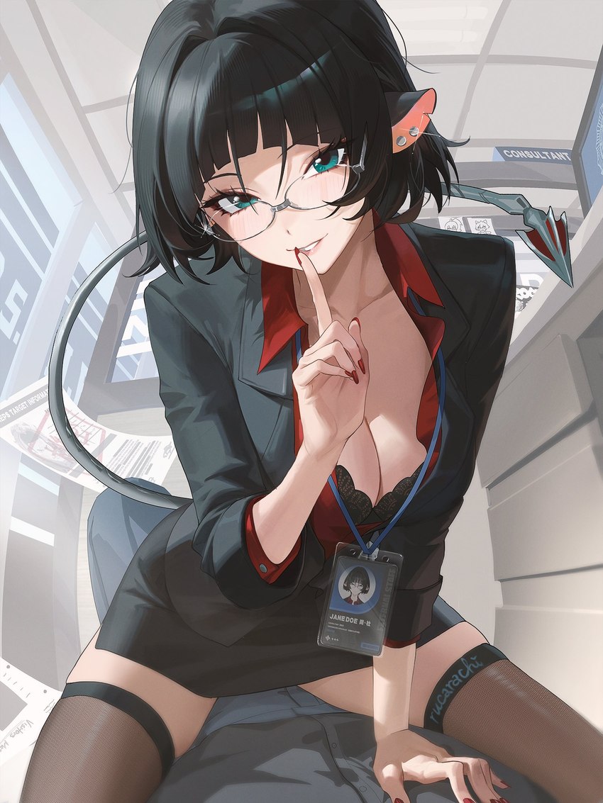 black_hair bottomwear bra breasts clothing duo ear_piercing eyebrows eyelashes eyewear female glasses green_eyes hair inside legwear looking_at_viewer male name_tag piercing shirt skirt stockings topwear underwear rucarachi mihoyo zenless_zone_zero jane_doe_(zenless_zone_zero) animal_humanoid human humanoid mammal mammal_humanoid murid murid_humanoid murine murine_humanoid rat_humanoid rodent rodent_humanoid thiren 2025 hi_res