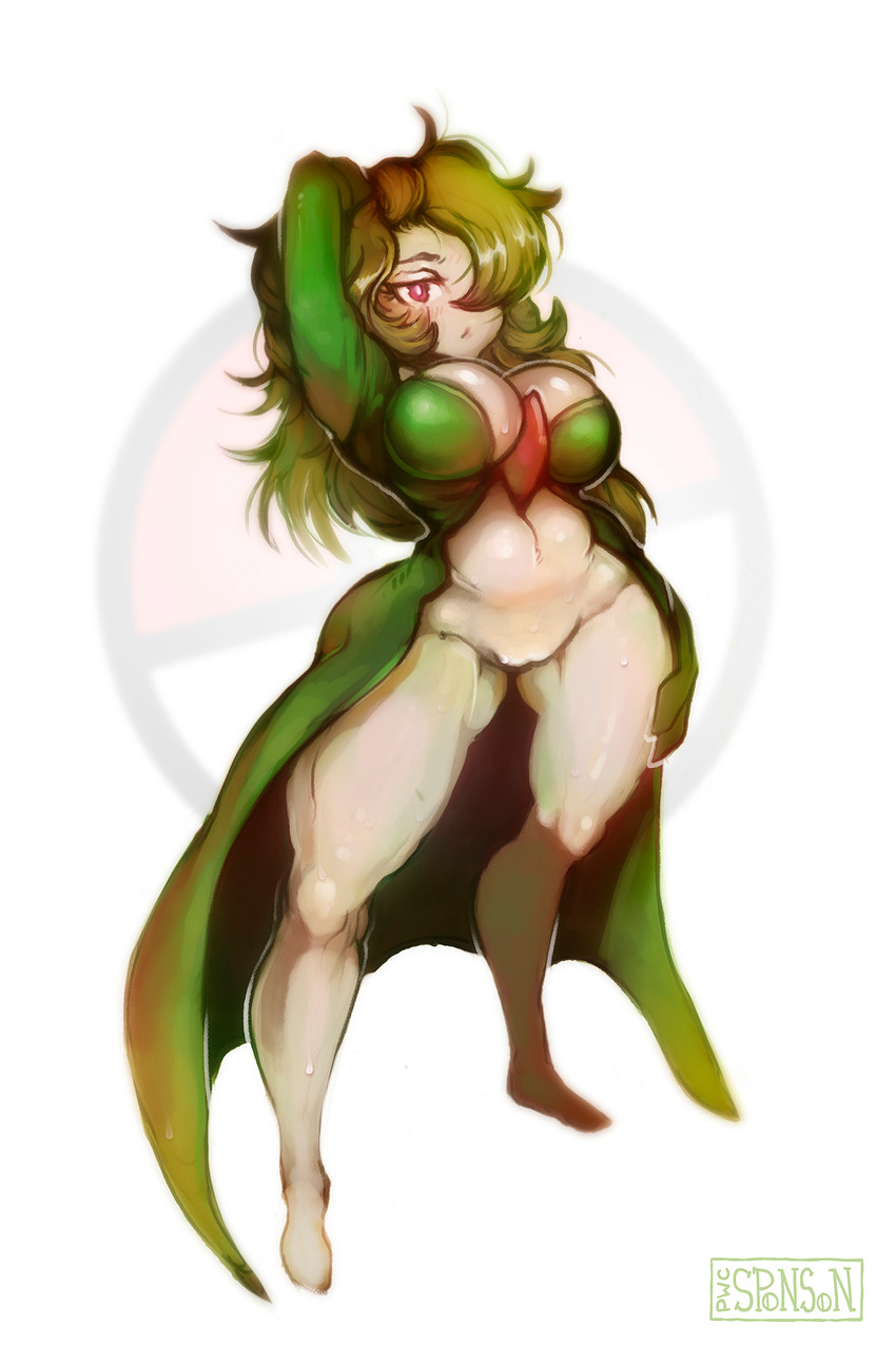 big_breasts breasts cleavage clothed clothing female genitals green_hair hair hair_over_eye hand_behind_head messy_hair one_eye_obstructed pink_eyes pussy simple_background smile solo standing thick_thighs white_background wide_hips pwcsponson nintendo pokemon gardevoir generation_3_pokemon pokemon_(species) 2020 2:3 hi_res