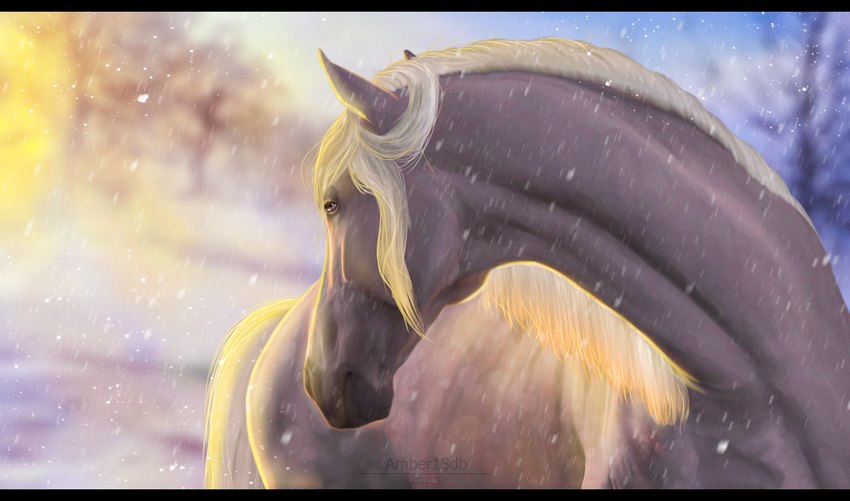 black_bars female feral light looking_back plant purple_eyes snow snow_on_trees snowing solo sunlight tree amber18db mary_(bloopertrooper) equid equine horse icelandic_horse mammal letterbox