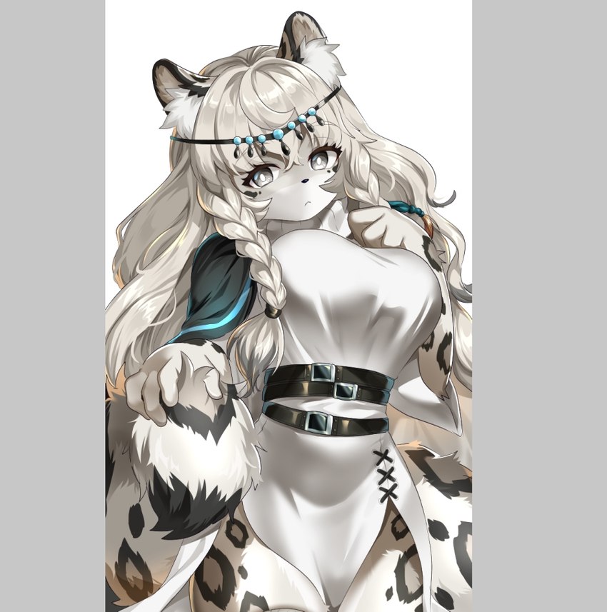 alternate_species anthro belt braided_hair breasts circlet clothed clothing dress female fur furrification grey_body grey_eyes grey_fur grey_hair hair holding_tail kemono long_hair mantle markings pouting solo spots spotted_body spotted_fur tail ruri_tsubame arknights hypergryph studio_montagne pramanix_(arknights) felid mammal pantherine snow_leopard pillarbox