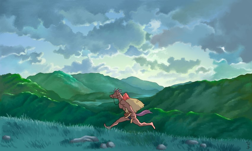 ambiguous_gender anthro barefoot biped cloud day detailed_background duo feet grass mountain nude outside plant rock sky style_emulation shirako ghibli morenatsu princess_mononoke keisuke_hirama equid equine horse mammal 2016 5:3 crossover digital_media_(artwork) digital_painting_(artwork) hi_res