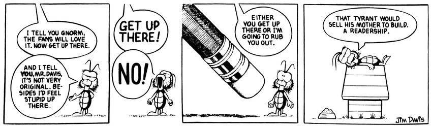 4_panel_comic anthro bowl breaking_the_fourth_wall container dialogue doghouse eraser male offscreen_character pencil_(object) pet_bowl pet_food simple_background solo text threatening yelling yelling_at_another jim_davis_(artist) gnorm_gnat_(series) jim_davis peanuts_(comic) public_domain gnorm_gnat_(character) jim_davis_(character) arthropod gnat insect 1973 20th_century absurd_res ancient_art comic english_text hi_res