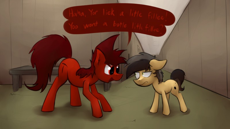 cutie_mark dialogue duo female feral fur hair hooves inside male size_difference teasing text marsminer hasbro my_little_pony fan_character mars_miner pluto_ellipse earth_pony equid equine horse mammal pony 2015 digital_media_(artwork) english_text hi_res