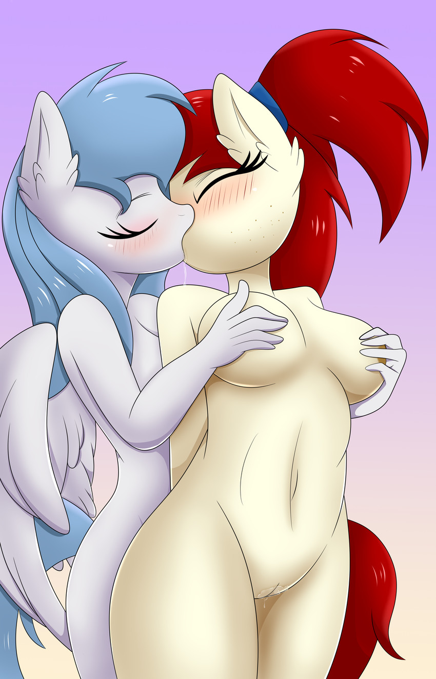 anthro big_breasts blue_hair blush bodily_fluids breasts dripping duo eyes_closed female female/female freckles genital_fluids genitals hair kiss_on_lips kissing nude pussy red_hair saliva saliva_drip simple_background tan_body vaginal_fluids wings rainbownspeedash hasbro my_little_pony mythology fan_character silver_draw vector_cloud equid equine mammal mythological_creature mythological_equine pegasus 2019 absurd_res digital_drawing_(artwork) digital_media_(artwork) hi_res