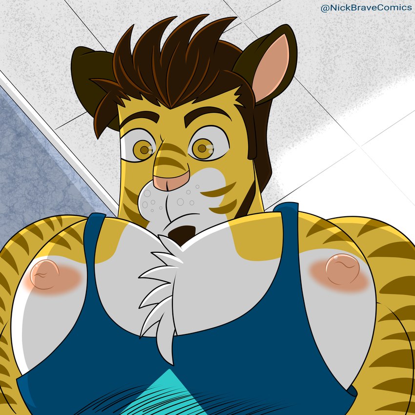 amber_eyes anthro beard big_muscles big_pecs blue_clothing blue_shirt blue_tank_top blue_topwear brown_hair clothing facial_hair fur hair low-angle_view male muscular muscular_male nipples pecs pink_nipples pink_nose pointy_ears prick_ears shirt solo stripes tank_top tiger_ears topwear white_body white_fur worm's-eye_view yellow_body yellow_eyes yellow_fur nickbravecomics pec_pov_meme tigo_(nickbravecomics) felid feline mammal pantherine tiger 1:1 hi_res meme