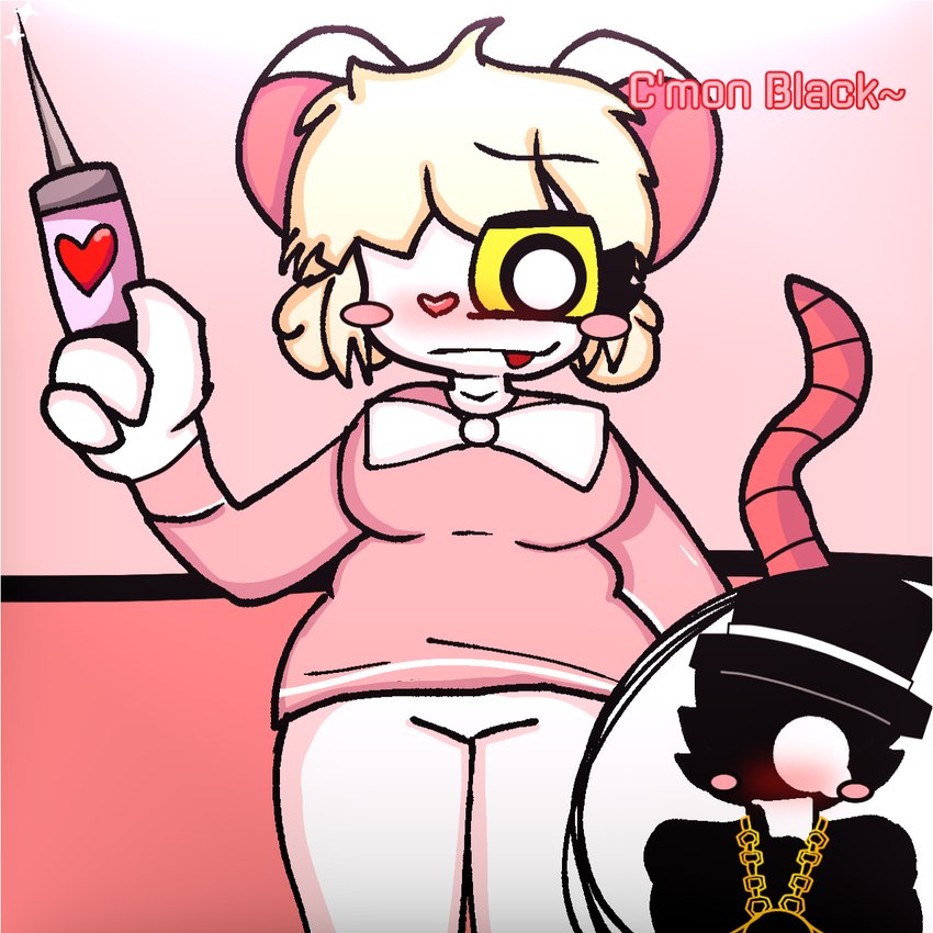 anthro black_eyes blonde_hair blush bottomwear bow_ribbon clothing dress female fur hair pajamas pink_bottomwear pink_clothing pink_dress pink_skirt skirt smile solo syringe tail text white_body white_fur yellow_eyes blackylshere terrible_mouse lorna_(terrible_mouse) mammal mouse murid murine rat rodent 1:1 hi_res