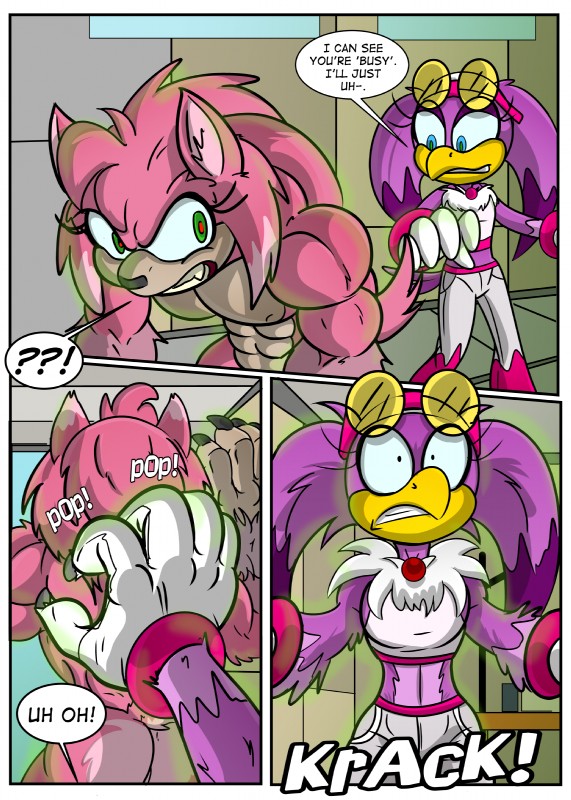 3_panel_comic anthro clothing crop_top female midriff pink_body purple_body shirt topwear transformation black-rat sega sonic_riders sonic_the_hedgehog_(series) sonic_unleashed amy_rose amy_rose_the_werehog wave_the_swallow avian bird eulipotyphlan hedgehog hirundinid mammal oscine passerine swallow_(bird) wereavian werebird werecreature wereeulipotyphlan werehog absurd_res comic hi_res