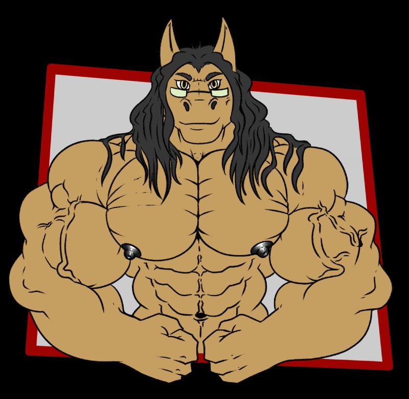 anthro black_hair eyewear glasses hair long_hair looking_at_viewer male muscular muscular_anthro muscular_male nipples pecs solo vein darius_leodragon demi equid equine mammal alpha_channel