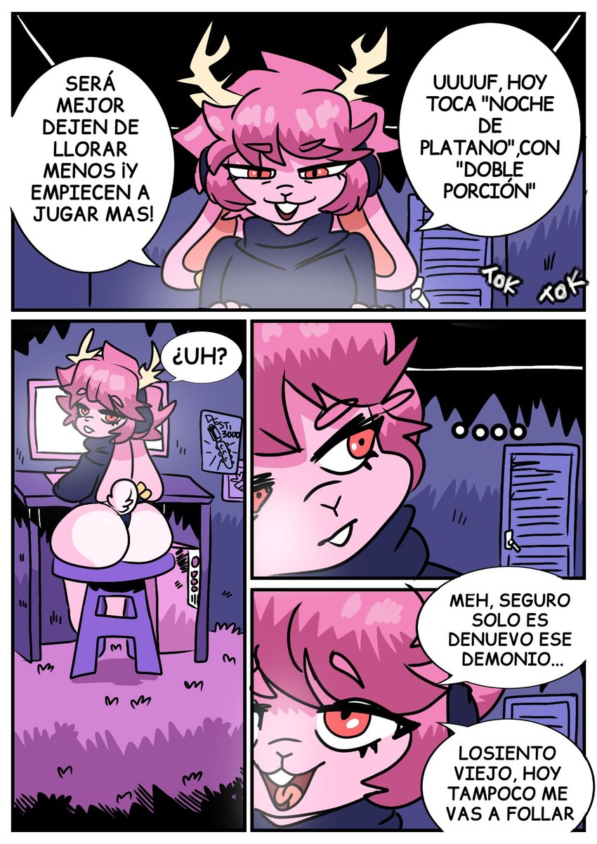 anthro antlers butt clothed clothing dialogue femboy fur hair horn looking_at_viewer looking_back male open_mouth pink_body pink_fur pink_hair smile solo speech_bubble tail teeth text topwear renita_reed fzst lagomorph leporid mammal rabbit comic digital_media_(artwork) hi_res spanish_text translated