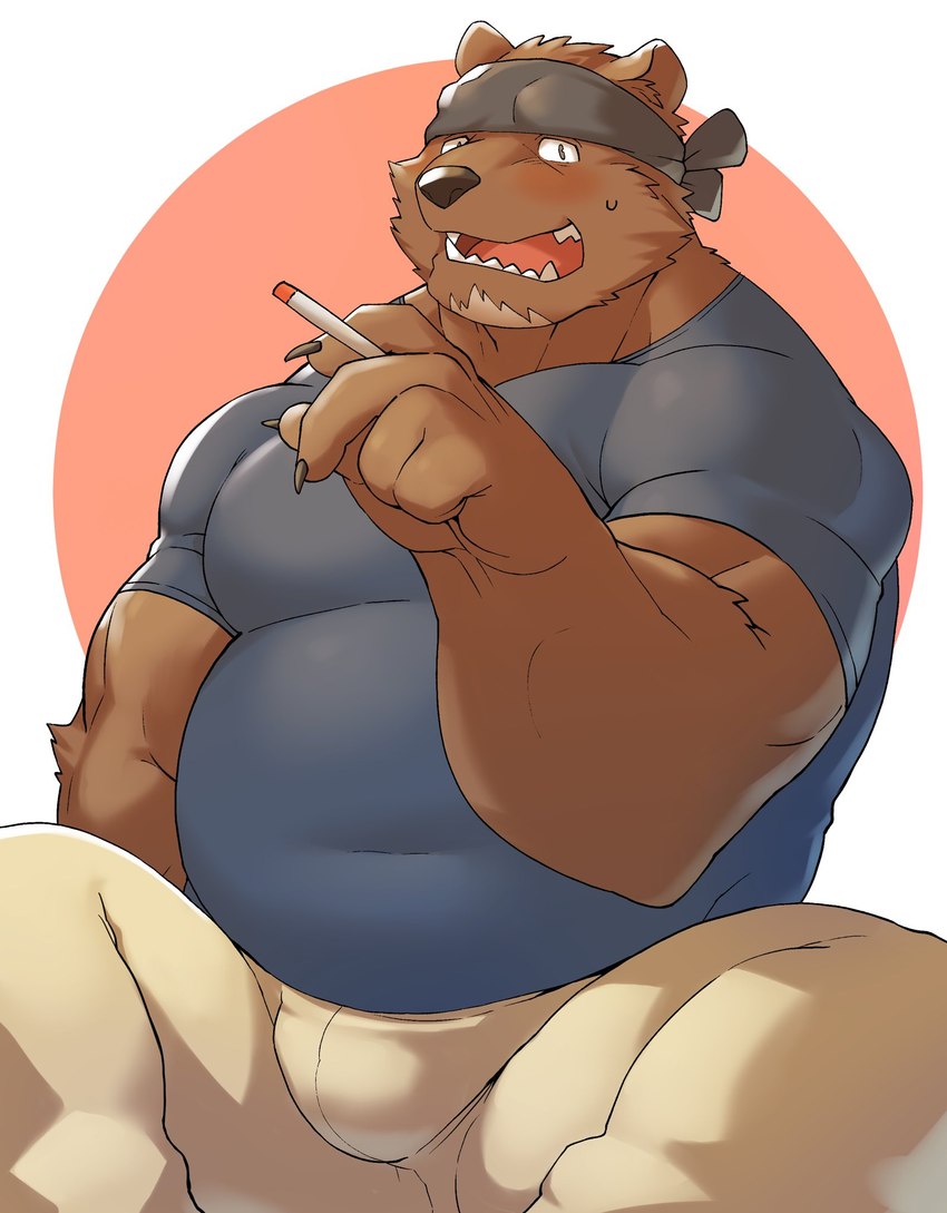 anthro blush bodily_fluids bottomwear brown_body bulge clothing kemono male mature_male overweight overweight_male pants shirt simple_background smoking solo sweat topwear seikeikei2015 bear mammal 2021 hi_res