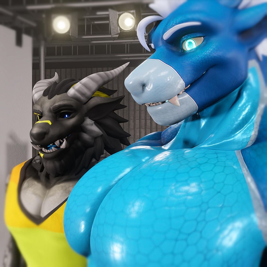 anthro bare_chest big_pecs blue_eyes clothing duo horn inside looking_at_chest male male/male muscular pecs stare studio interz nighdruth girl_staring_at_man's_chest mythology interz_(character) nighdruth_(character) dragon mythological_creature mythological_scalie scalie 1:1 3d_(artwork) digital_media_(artwork) hi_res meme