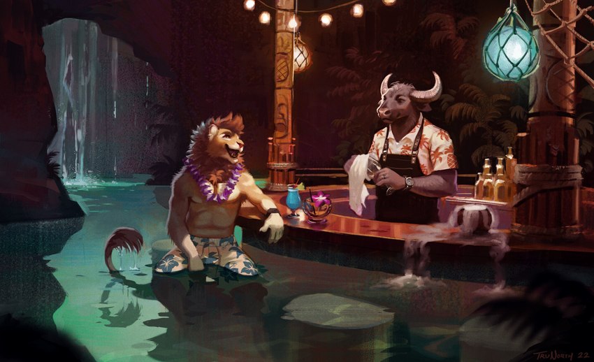 aloha_shirt anthro bar bartender biped black_body black_fur cave clothed clothing duo fur grotto horn lei lights male mane orange_body orange_fur partially_submerged pattern_clothing pattern_shirt pattern_topwear shirt swimming_trunks swimwear tail tail_tuft topless topless_anthro topless_male topwear tuft uniform water trunorth lakota_lander bovid bovine cattle felid lion mammal pantherine hi_res