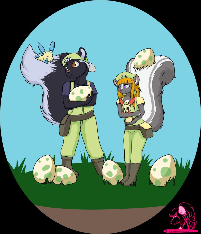 anthro big_tail black_body black_fur blonde_hair bottomwear brown_eyes chest_tuft clothing countershade_torso countershading detailed_background egg feet female fingerless_(marking) fluffy fluffy_tail fur hair inner_ear_fluff male multicolored_body multicolored_fur outside overalls pants pokemon_egg purple_eyes satchel shirt simple_background tail toeless_(marking) topwear transparent_background tuft two_tone_body two_tone_fur white_body white_fur young young_anthro young_female young_male medicatedcannibal nintendo pokemon lemmy_(lemmy_niscuit) lolly_(butterscotchlollipop) generation_3_pokemon mammal mephitid minun plusle pokemon_(species) skunk spotted_skunk absurd_res alpha_channel hi_res