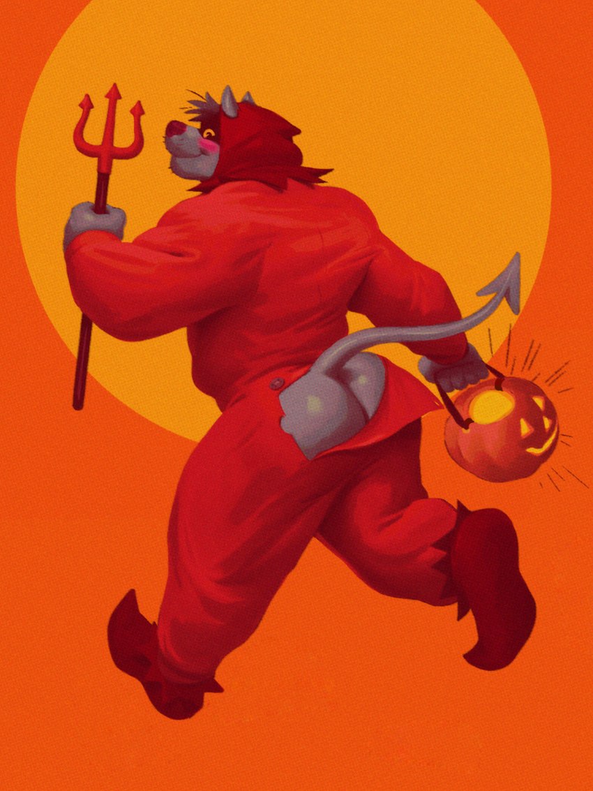 anthro blush butt butt_flap clothing food footwear fruit grey_body holidays hood horn male melee_weapon muscular muscular_anthro muscular_male onesie open_flap plant polearm pumpkin red_clothing shoes simple_background smile solo spade_tail standing tail trident weapon yellow_eyes mezcal_(artist) halloween canid canine canis demon mammal wolf 2019 3:4 hi_res