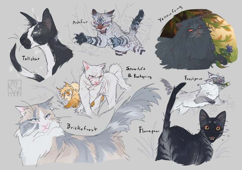 bristlefrost, nightheart, rootspring, yellowfang, frostdawn, and etc (warriors (book series)) created by ziboe