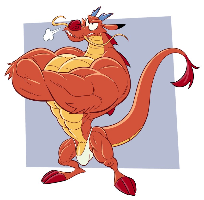 anthro arm_tuft clothed clothing crossed_arms elbow_tuft genitals humanoid_genitalia humanoid_penis male muscular muscular_anthro muscular_male penis penis_base solo tail thong thong_only topless tuft underwear underwear_only analon_(artist) disney mulan_(1998) mythology mushu_(disney) dragon eastern_dragon mythological_creature mythological_scalie scalie hi_res