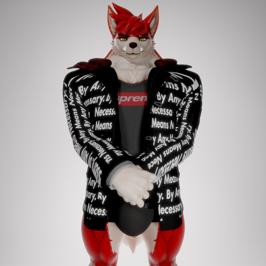 anthro black_clothing black_jacket black_topwear bulge clothing ear_tuft fur gloves_(marking) grey_clothing grey_shirt grey_topwear grey_underwear head_tuft jacket male markings muscular muscular_male neck_tuft red_body red_fur shirt solo topwear tuft underwear white_body white_fur charleskirbyiii drip_(meme) goku_drip supreme danny_sterling_(spitfire420007) canid canine canis mammal wolf 1:1 3d_(artwork) absurd_res blender_(artwork) digital_media_(artwork) hi_res meme