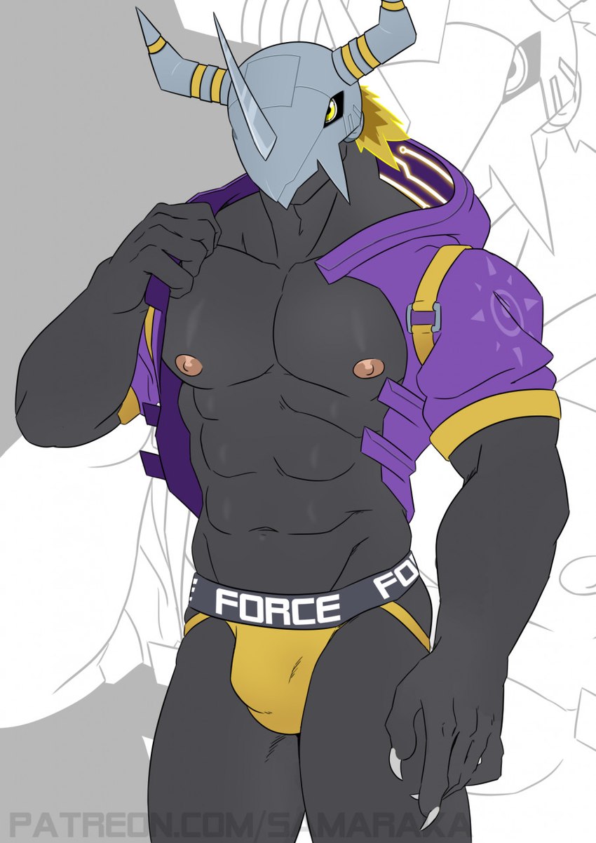 anthro armor black_body blackgreymon blonde_hair bulge claws clothing detailed_bulge hair headgear helmet jacket jockstrap male muscular muscular_male nipples solo topwear underwear samaraka bandai_namco digimon digimon_(species) wargreymon 2020 hi_res