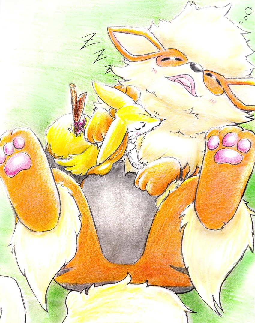 ambiguous_gender anthro blush blush_lines duo eyes_closed featureless_crotch feral fur hug inner_ear_fluff lying on_back on_front open_mouth orange_body orange_fur pawpads paws size_difference sleeping sleeping_on_another sleeping_together sound_effects stick tail tongue tuft vowelless vowelless_sound_effect white_body white_fur yellow_body yellow_fur zzz eiroru nintendo pokemon arcanine braixen canid canine generation_1_pokemon generation_6_pokemon mammal pokemon_(species) 2025 graphite_(artwork) hi_res traditional_media_(artwork)