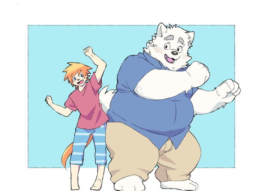 anthro belly blush bottomwear clothing duo kemono male overweight overweight_male pants shirt simple_background topwear inunoshippo canid canine canis domestic_dog mammal 2024 4:3 hi_res