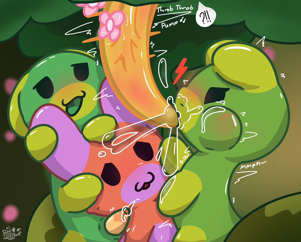 ambiguous_gender anus big_penis blush bodily_fluids cat_smile colored_outline countershading distorted_contour drinking drinking_precum eating empty_eyes fellatio feral flower genital_fluids genitals grass green_body green_mouth green_tongue group interrobang leaf looking_at_another looking_at_genitalia looking_at_penis male male/ambiguous male/male motion_lines multicolored_body nature nature_background offscreen_character open_:3 open_mouth open_smile oral orange_body orange_penis penile penis pink_body pink_countershading plant precum puffed_cheeks purple_body purple_countershading sex shrub smile splash spoken_exclamation_mark spoken_question_mark stylized_empty_eyes tapering_penis tongue two_tone_body vein veiny_penis yellow_penis dstitan bits_and_bops arthropod caterpillar flow_worms_(bits_and_bops) glowworm grub_(insect) insect larva worm cel_shading hi_res shaded simple_shading