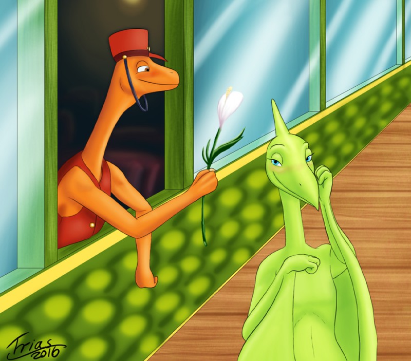 anthro blush duo female flirting flower long_neck plant semi-anthro train train_conductor vehicle trias dinosaur_train pbs mr._conductor mrs._pteranodon dinosaur prehistoric_species pteranodon pteranodontid pterosaur reptile scalie theropod troodon troodontid 2016