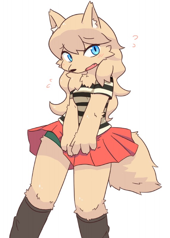 anthro blonde_hair blue_eyes blush bottomwear breasts clothed clothing female footwear fully_clothed hair kemono legwear long_hair open_mouth shirt shy skirt socks solo topwear underwear yakimo canid canine canis domestic_dog mammal hi_res