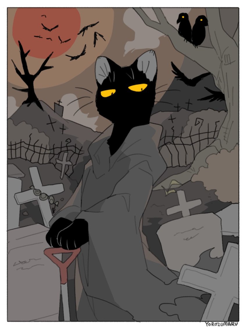 ambiguous_gender anthro black_body cemetery feral group tail tombstone whiskers yellow_eyes yorozumaru urushi_(yorozumaru) avian bird domestic_cat felid feline felis mammal 2022 hi_res