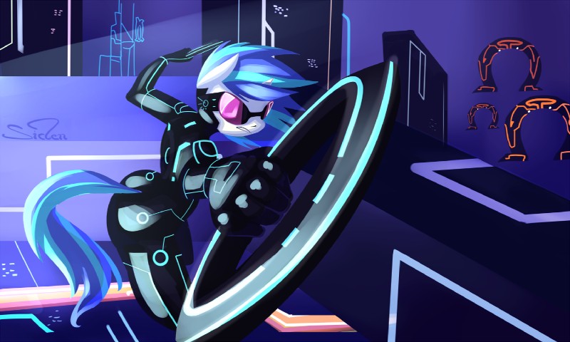 anthro bodysuit clothing eyewear female glasses horn identity_disc science_fiction skinsuit smile solo tight_clothing wick_(artist) friendship_is_magic hasbro my_little_pony mythology tron vinyl_scratch_(mlp) equid equine mammal mythological_creature mythological_equine unicorn 5:3 crossover